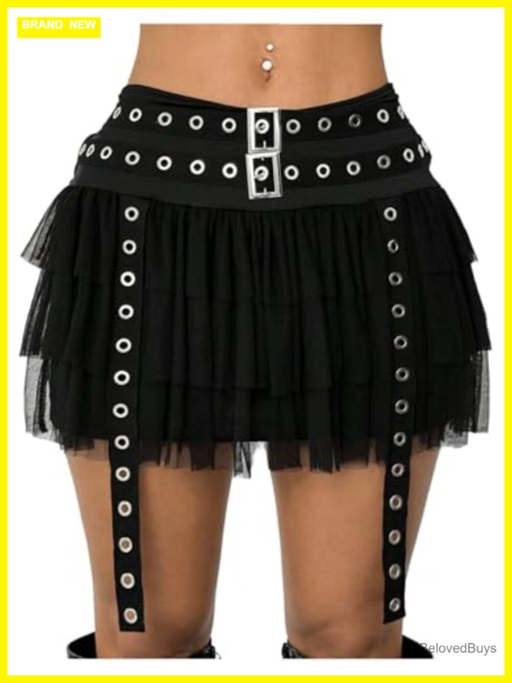 Gothic Punk Mesh Buckle Belted Tulle Mini Skirt Layered